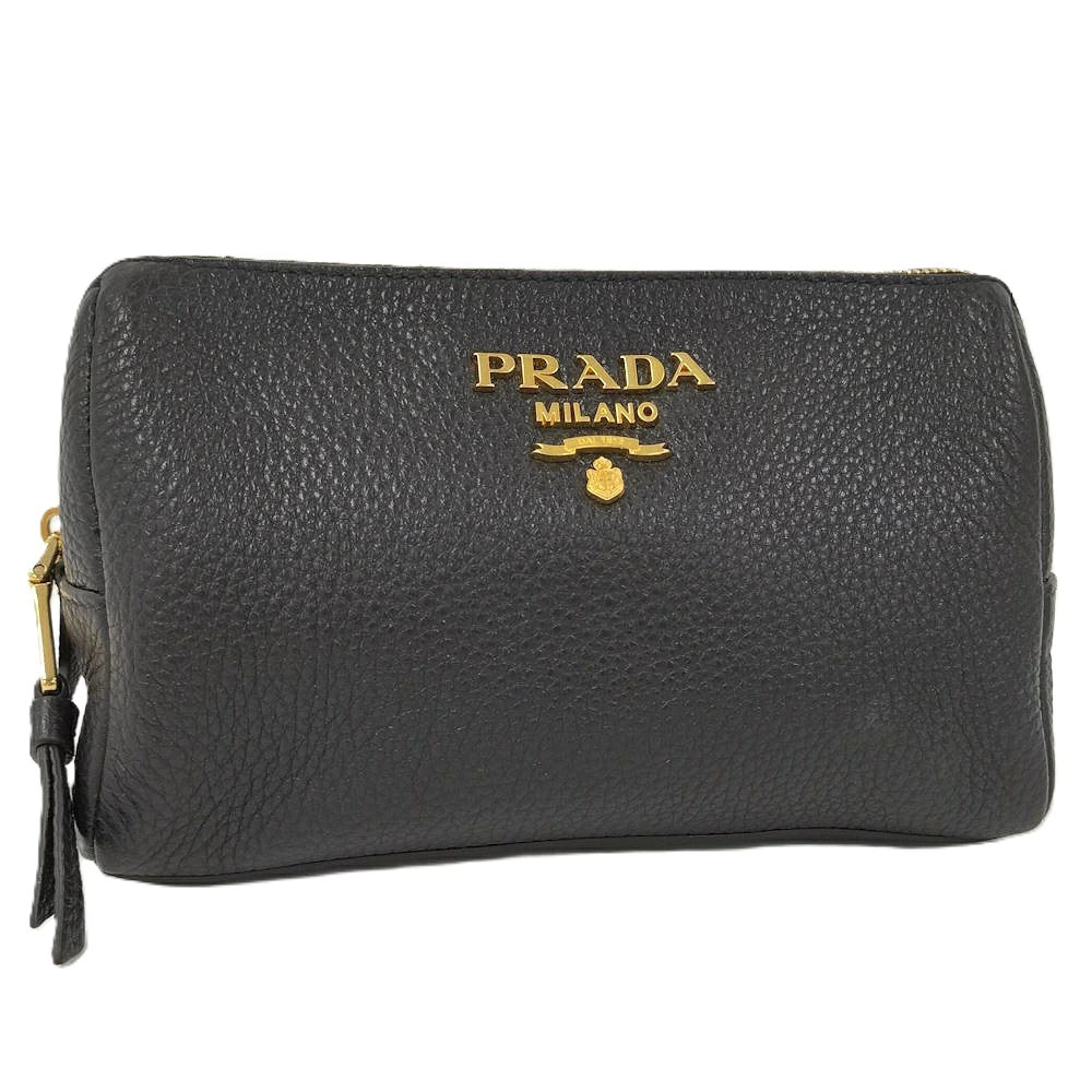 Prada VITELLO DAINO Leather Pouch Clutch Nero Black